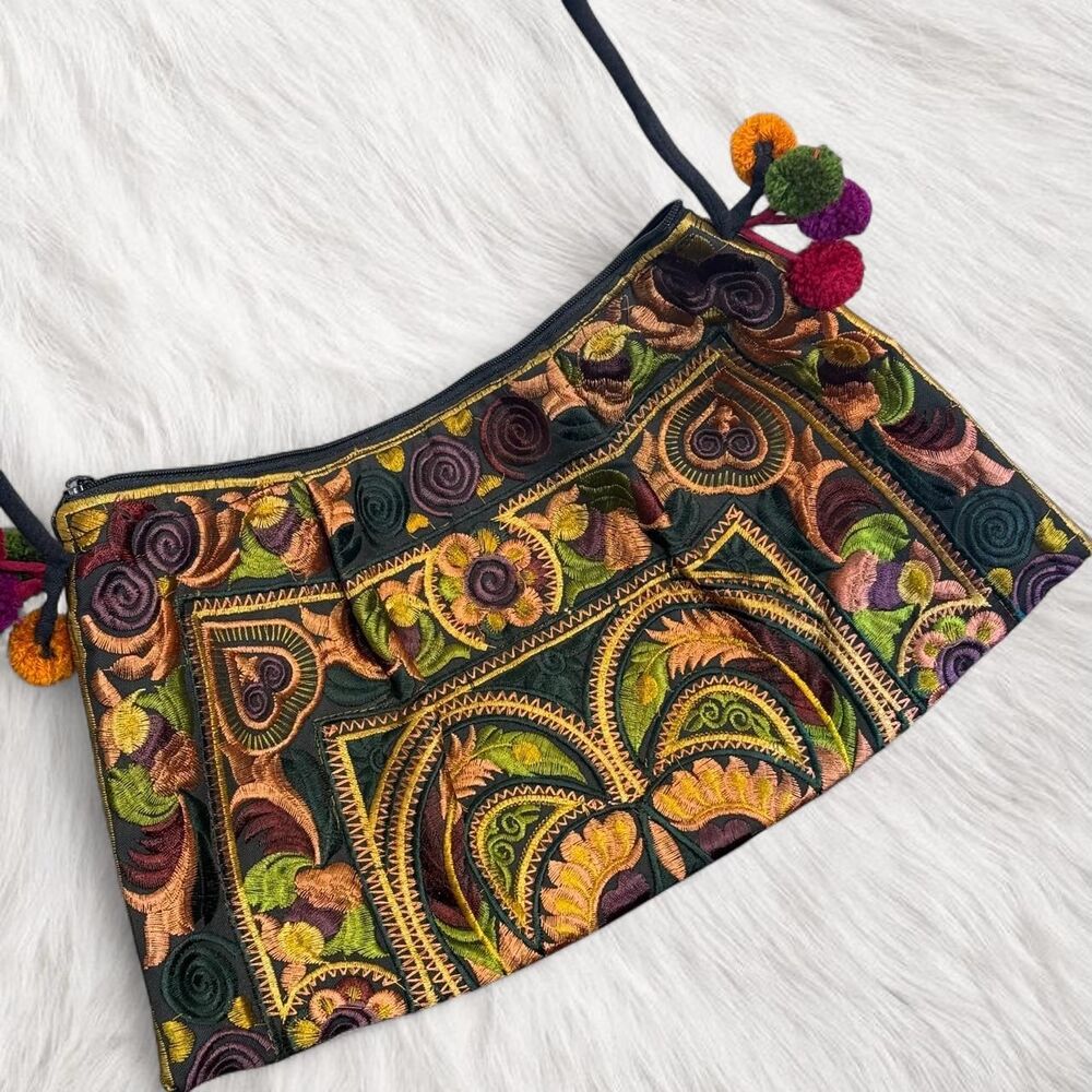 NEW Boho Maximalist Tapestry Purse embroidered bag with pom poms | Medium size